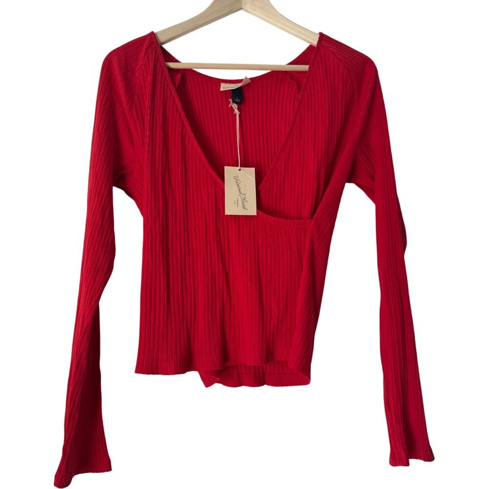 Universal Thread Women's Red Ribbed Long Sleeve V-Neck Wrap Top, Size L NWT